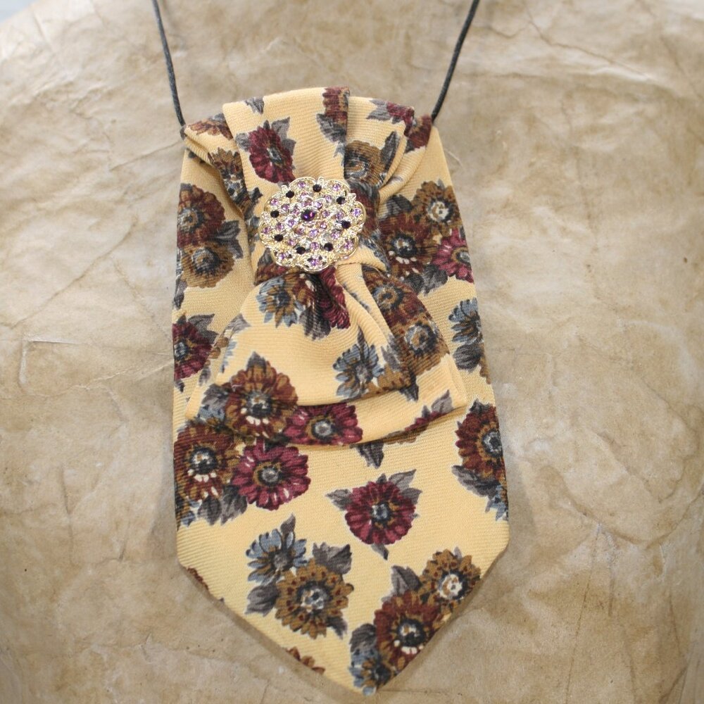 UPCYCLED Neck Tie Necklace Brooch Necktie Holiday Gift Accessory Floral Gold